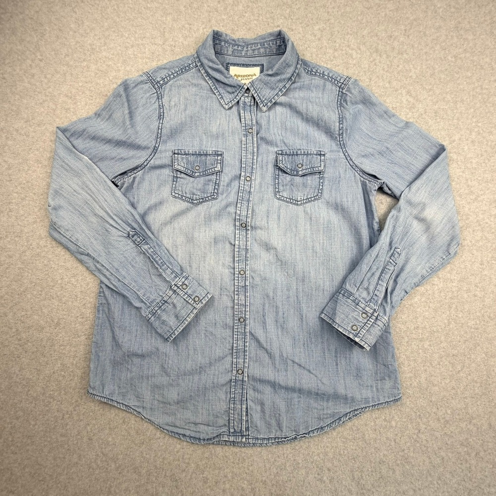 Arizona Jean Co Womens Light Wash Denim Snap Front Roll Tab Shirt Medium